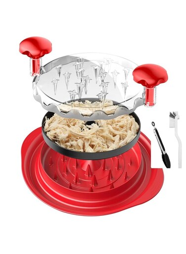 Chicken Shredder Tool Twist Large, Visible Chicken Breast Shredder, Meat Shredder Tool Twist with Separate Plate, Brush, Mat, Food Tongs, Ergonomic Handle, Dishwasher Safe(Red)
