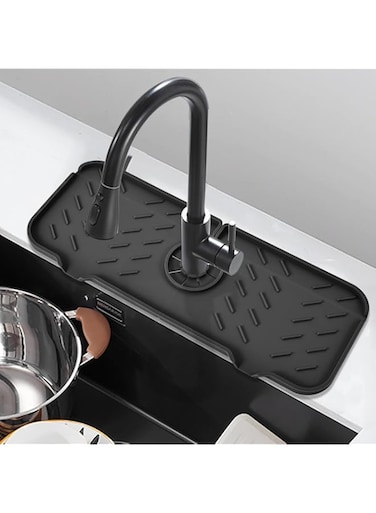 Kameety Kitchen Faucet Sink Splash Guard, Silicone Water Catcher Mat, Bathroom Faucet Water Catcher Mat, Sink Draining Pad Behind Faucet, Rubber Drying Mat for Kitchen &amp; Bathroom, 14.6" x 5.5" (Black)