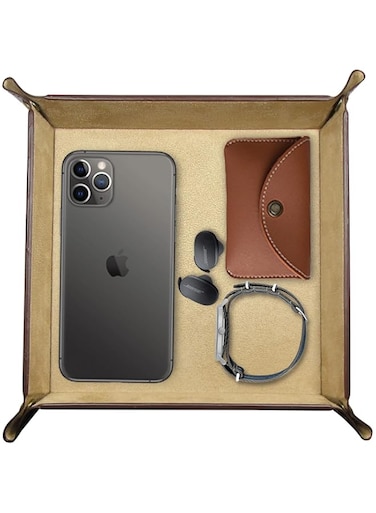 LEART Leather Valet Tray Organizer for Men and Women - Home and Office, Desk and Bedside Catchall holder for Wallets, Jewelry, Watches, Keys, Coins, Mobile, Cosmetics, TV Remote (Tan Brown)