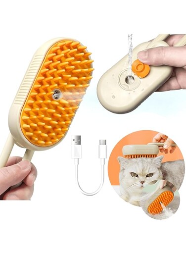 ikeoat Cat Steam Brush - Steamy Cat Brush for Shedding, Misting Cat Brush for Long &amp; Short Haired Cats &amp; Dogs, Removing Tangled &amp; Loose Hair - Self Cleaning Pet Hair Removal Grooming Tool, (Orange)