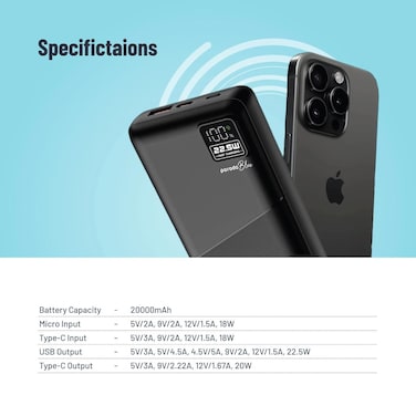 Porodo Blue 20000mAh Quick Charge Power Bank 22.5W QC3.0 PD 20W Dual USB-A USB-C Fast Charging