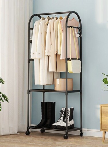 2-in 1 Garment Rack with Wheel and Side Hooks,Clothing Storage Organizer with Bottom Storage,Multi-Functional Coat Rack Storage for Bedroom Laundry ,Small Place ,Entryway &iuml;&frac14;&circ;Black&iuml;&frac14;&permil;