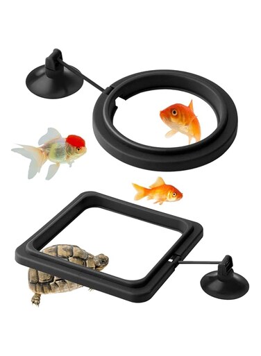 Khazna Fish Feeding Ring, 2 Pieces Fish Feeder Aquarium Fish Turtle Tank Accessories Food Feeder Circle with Suction Cup for Guppy, Bettas, Goldfish, Turtle (Round and Square, Black)