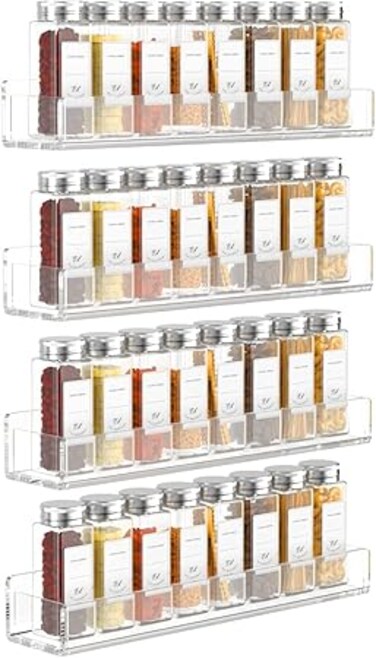 Acrylic Spice Rack Wall Mount for Cabinets, Cupboard Or Pantry Door, 4 Packs Of Hanging Spice Rack Shelf, Seasoning Organizer for Kitchen