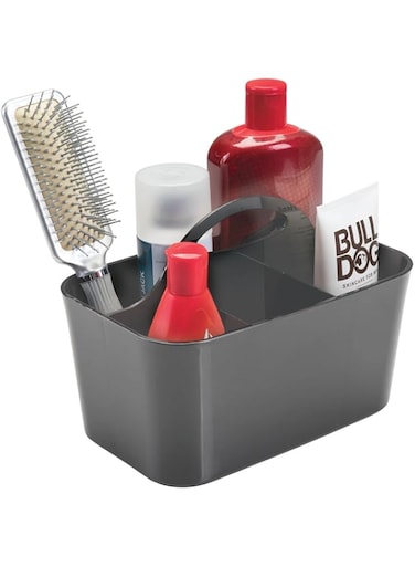 mDesign Small Plastic Shower/Bath Storage Organizer Caddy Tote With Handle For Dorm, Shelf, Cabinet - Hold Soap, Shampoo, Conditioner, Combs, Brushes, Lumiere Collection, Dark Gray
