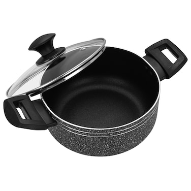 Auroware Non Stick 20cm Casserole with Glass Lid, Black, Forged Aluminium, Dishwasher safe, Durable and Strong Handle