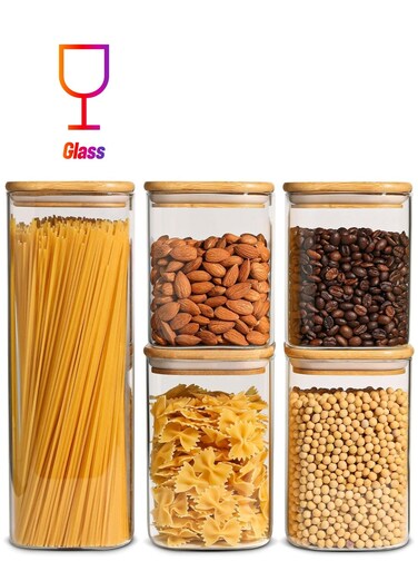 Set of 5-Borosilicate Square Storage Jar With Bamboo Lid, 1Pcs 1800ML, 2Pcs 1100ML, 2Pcs 900 ML