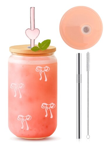 Cute Pink Bow Glass Cups with Lids and Straws, Aesthetic Iced Coffee Cup, Girly Preppy Design Tumbler Mug, Birthday Gifts for Girl, Teen Girl Gifts Trendy Stuff