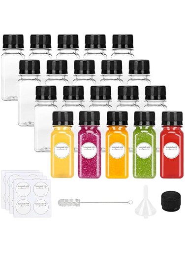 Premify 2oz Plastic Juice Bottles with labels Funnel &amp; Brush &ndash; 20pcs Small Empty Refillable Mini Jars For Essential Oils, Ginger Shots, Juice Shot, DIY Projects &ndash; Leak-Proof, BPA-Free, with Caps