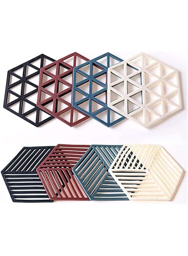 KASTWAVE 8 Pack Heat Resistant Silicone Trivet Mats - Hexagon Multi-Use Kitchen Pads for Bowls, Dishes, and Placemats