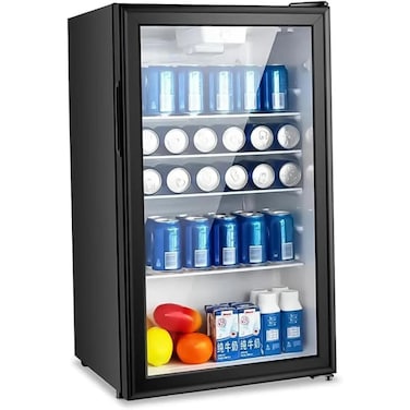 90L Beverage Fridge with Glass Door, Compact Cooler, 55W Low Power, Adjustable Shelves