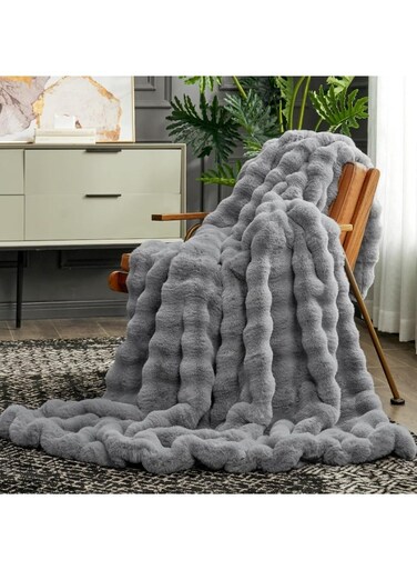 Cozy Bliss Faux Fur Throw Blanket for Couch, Fuzzy Soft Plush Thick Bubble Blanket for Sofa Bedroom Living Room,70*100cm Light Grey