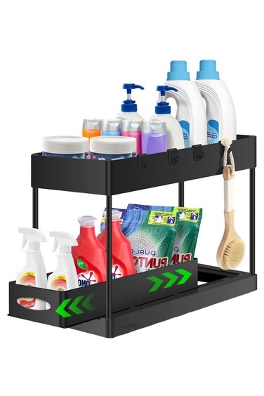 2-Tier Under Sink Organizer with Sliding Drawer &amp; Hooks &acirc;&euro;&ldquo; Multi-Purpose Bathroom Cabinet &amp; Kitchen Storage Shelf Rack