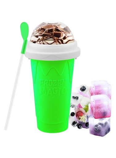 Slushy Maker Cup - DIY Magic Slushy Maker Squeeze Cup, Portable Smoothie Squeeze Cup for Juices, Milk and Ice Cream Make, Double Layers Silicone Slushie Cup with Straw for Friends,Family Gifts (green)