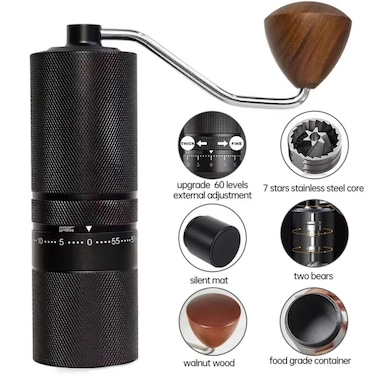 Manual Coffee Grinder with 60 Adjustable Grind Settings, Stainless Steel Burr &amp; Walnut Handle