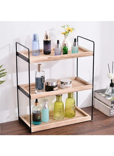 FengMingoo 3 Tier Bathroom Counter Organizer, Wooden Bathroom Organizer Countertop Storage Shelf, Bathroom Trays for Counter Organizer Cosmetic Holder, Kitchen Spice Rack (wooden)