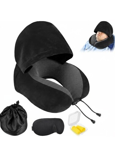 Travel Pillow, Neck Pillow for Travel with Hood for Airplane, Velvet Memory Foam Neck Pillow Adult Head &amp; Neck Support, for Long Flights Plane, Office, Cars Sleeping &amp; Rest (Black)
