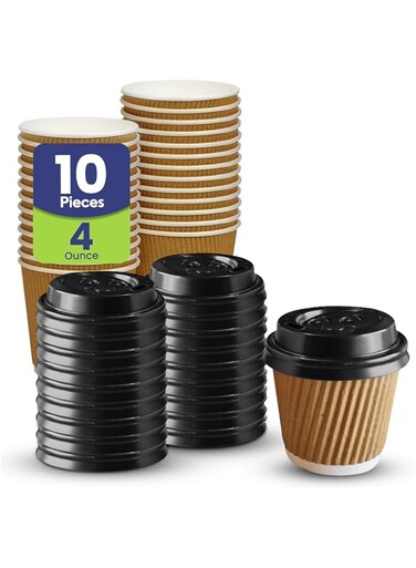 SNH Packing 10 Pieces 4 Ounce Disposable Ripple Cup Brown With Lid - Kraft Hot Tea, Coffee, Kahwa, Hot Drinks &amp; Cold Drinks Cups