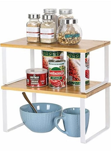 Cabinet Organizer Shelf Set of 2 Kitchen Counter Shelves Kitchen Storage Spice Rack Stackable Expandable Metal and Engineered Wood White and Beige