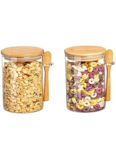 Glass Jars with Bamboo Airtight Lid and Bamboo Spoons, Clear Sugar Container Glass Storage Containers with Lids Food Glass Canisters with Airtight Lids for Coffee Beans Tea Flour Nuts (2)