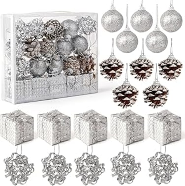 Christmas Tree Decoration Hanging Ornaments Balls Gift Boxes Pine Cones   20-Piece Holiday Silver Tree Decor for Festive Indoor and Outdoor Display