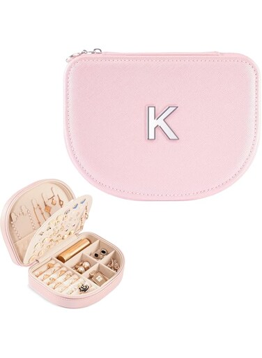 ProCase Personalized Travel Jewelry Case Organizer with Initial, Monogrammed Small Jewelry Storage Box for Women Teen Girls Earrings, Bracelets, Necklaces and Rings - Letter K, Pink