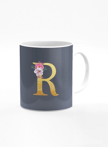 Designer Printed Coffee Mug 11oz Ceramic Personalised Gift Mugs Cup -Custom Monogram Initial Letter Floral Pattern Alphabet - R (Bright Grey)