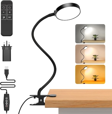 Reading Light with Remote, LED Desk Lamp Clip on [1H Timer &amp; Nightlight] RA>95 Dimmable Flexible Gooseneck, USB Reading Lamp Clamp for Table - 9CM Lamp Head - Black (Adapter Included)