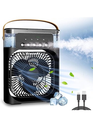 Portable mini air cooler fan Personal Air Cooler with 7 Colors LED Light USB Powered Mini Desktop Cooling Misting Fan 3 Wind Speeds 3 Spray Modes Cooler Fan (Black)