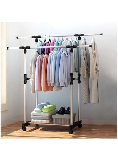Dubai Gallery Double Pole Extendable Clothes Rack Hanger Silver AMZ-Z7EC417B76BD1EF4E270AZ