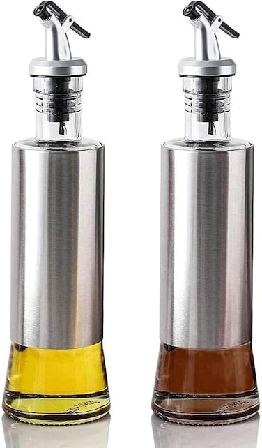 Limitless 2 PCS Glass Oil Dispenser Bottle with Steel Cover Seasoning Glass Oil Bottle Leakproof Stainless Steel Cruet Thickened Glass Bottle (500 ML)