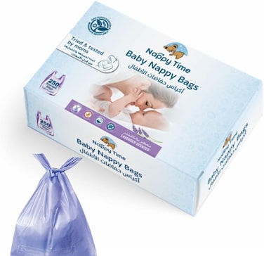 Nappy Time Baby Diaper Bags Disposable X 250 - Lavender Scented, Antibacterial, Easy-Tie Handles, Leak-Proof, Oxo-Biodegradeable, 30X30Cm