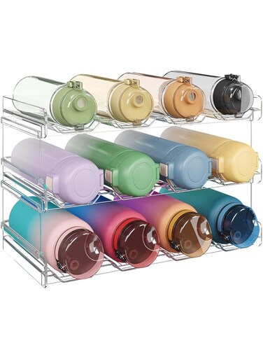 Lifewit Stackable Water Bottle Organizer for Cabinet, Water Bottle Holder, Kitchen Pantry Organization and Storage, Plastic Fridge Wine Racks, Tumbler Travel Mug Cup Holder, 3Pack, Hold 12 Bottles