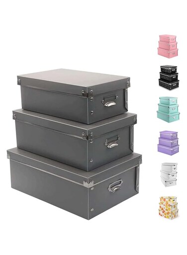Foldable Storage Baskets, 3 piece Multiple sizes Small/Medium/Large Waterproof Plastic Box with Lid for Toys/Shoes Grey