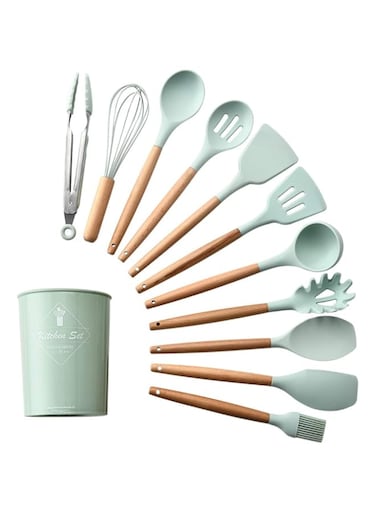 12PCS Kitchen Utensil Set Silicone Cooking Utensils Kit Spatula Heat Resistant Wooden Spoons Gadgets Tool for Non-Stick Cookware - Assorted Color