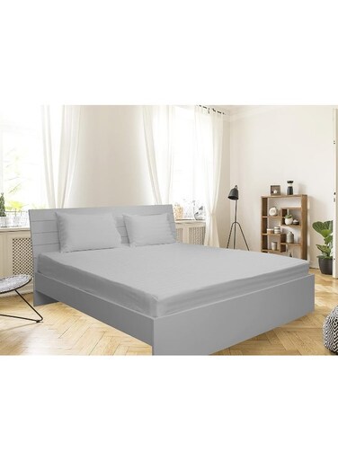 Linen Klub Double Fitted Sheet - 1 Piece, Luxurious 100% Cotton Sateen with 250 Thread Count, Stylish 1-Inch Stripe Design with Deep Pocket and Elastic Edges, Size: 150 x 200 + 30 cm, White