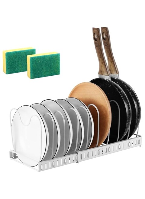 LYLYMYKHH Expandable Pot and Pan Organizer for Cabinet with 10 Dividers, Adjustable Pots and Pans Organizer Rack Pan Lid Cookware Bakeware Baking Storage Holder for Kitchen Countertop Pantry(White)