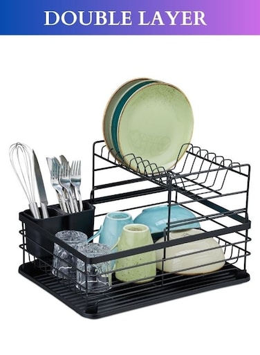STORE Dish Drying Stand with Drainer 2 Tiers Large Kitchen Dish Rack Bowl Storage Rack Plate Organizer Utensil Holder Dish Drainer For Kitchen Countertop Large Capacity Black Colour