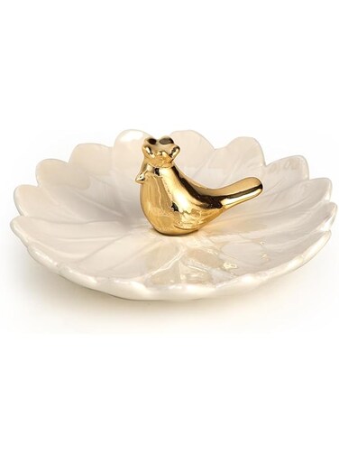 TERRIFI Small Ceramic Jewelry Tray with Gold Bird, Elegant Trinket Dish for Rings, Earrings, Necklaces, Bracelets, Ideal for Entryway, Dresser Decor, Gift for Women and Girls