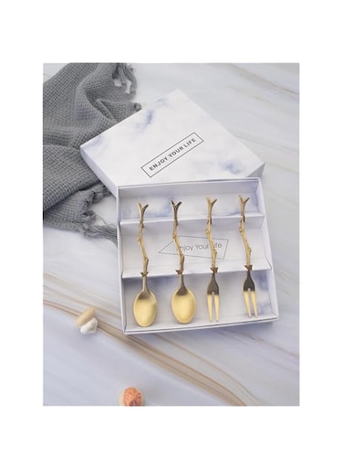 ZestiHome - 4pcs Gold Stainless Steel Spoons and forks Stirring Coffee Branch Shaped Spoons for Dessert, Drink Mixing for Bar Birthday Wedding Party