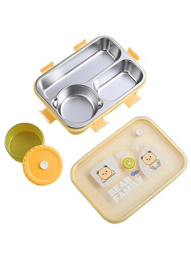 Bear Family Stainless Steel Lunch Box, Stainless Steel Bento Box 3-Compartments, Multifunctional Lunch Box with Soup Bowl, Spoon &amp; Chopsticks, Compact Lunch Box for Office and Students (Yellow)