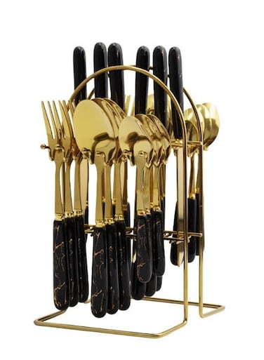 24 Piece Stainless Steel Hanging Cutlery Set with Stand for 6 People Mirror Finish Flatware for Home and Kitchen Use