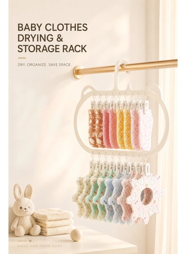 Pcs Baby Clothes Drying Rack with Clips, Cute Cat Ear Hanging Laundry Rack, Baby-Safe Sock Drying Hanger with Strong Non-Slip Clips for Socks, Bibs, Underwear, Hats &amp; Baby Essentials