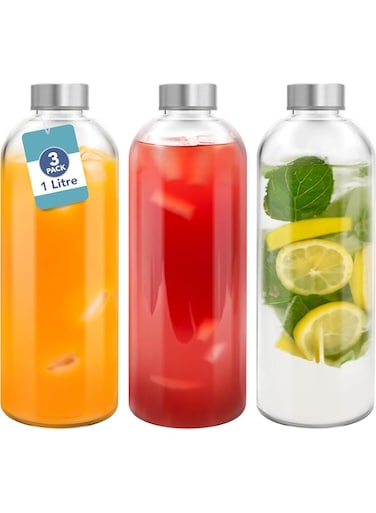 Premify Clear Glass Bottles with Lids 32oz /1L&ndash; 3 Pack Empty Reusable Glass Water Bottles, Stainless Steel Lids, for Hot &amp; Cold Drinks, Juice &amp; Tea &ndash; Beverage, Milk &amp; Smoothie