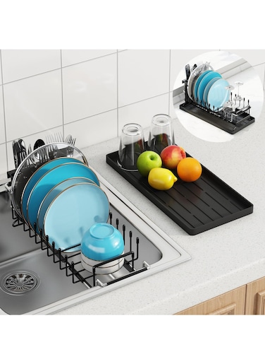 Sink Dish Drying Rack - Expandable Small Dish Rack Over Sink with Silicone Drying Tray, in Sink Dish Drainer for Kitchen Counter with Cutlery Holder, Drying Rack Fit for 35.5-48CM Kitchen Sink