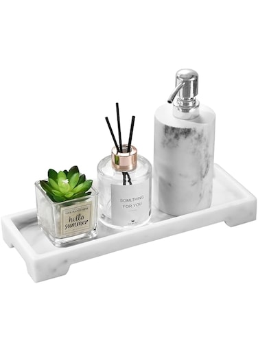 Luxspire Vanity Tray, Toilet Tank Storage Tray, Resin bathtub tray bathroom tray Marble Pattern Tray, Vanity Organizer for Tissues, Candles, Soap, Towel, Plant, etc - White Marble