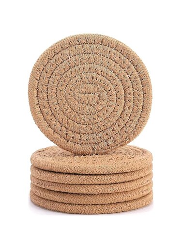 FriGGGi Coasters Set 6Pcs - Handmade Woven Braided Table Coaster - Liquid Absorbent Drink Holder Tabletop Coasters Mat - Suitable for Hot Cold Drinks Tea Coffee - Home Decor Gifts (Brown)