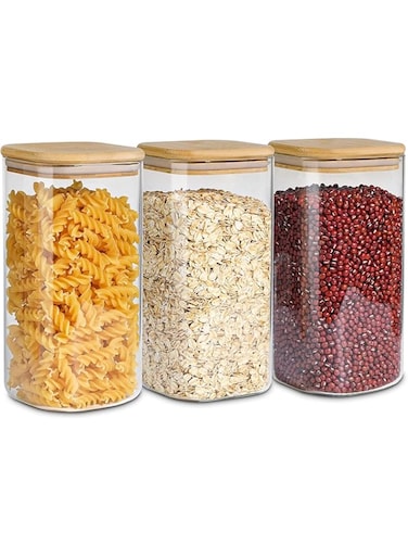 ATK_Set of 3 See Through Glass Jar, Airtight Glass Storage Canister, Clear Food Storage Container Jar with Sealing Bamboo Lid for Noodles Flour Cereal Rice Sugar Tea Coffee Beans,1100ML