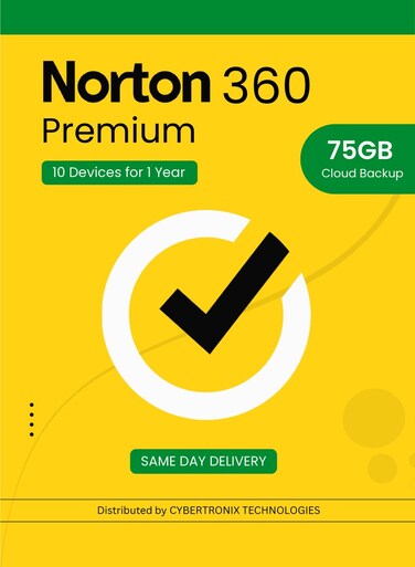 Norton 360 Premium   10 Devices for 1 Year   75GB Cloud Backup   PC / Mac&reg; / Phones / Tablets   Digital License   SAME DAY DELIVERY