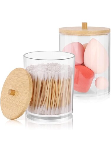 Joyzzz Qtip Holder Dispenser, 2 Pack Bathroom Storage Jars Cotton Ball Holder, Clear Plastic Acrylic Cotton Ball Holder with Dust Lid, Bathroom Organizer for Cotton Ball, Cotton Swab, Cotton Pa